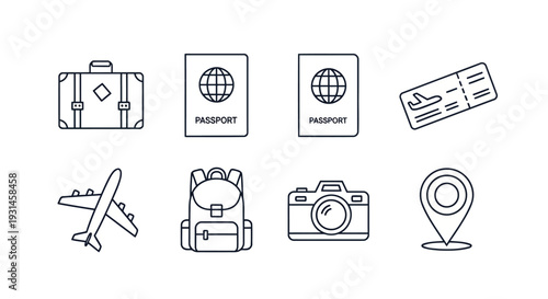 Travel and vacation flat icons set, collection of suitcase, passport, airplane ticket, aircraft, backpack, camera, and location pin for journey planning and tourism, vector outline art
