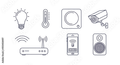 Smart home technology line icon set including light bulb, thermometer, smart speaker, security camera, wifi router, smartphone control, and audio speaker