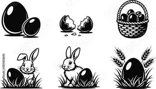 Black and white of easter eggs and bunnies in various scenes basket