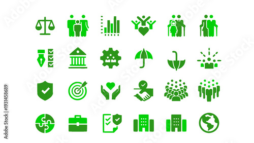 Green corporate and business icons including finance, teamwork, analytics, and management symbols. Flat vector EPS.