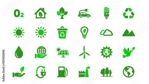 Clean energy and ecology icons featuring wind turbine, solar, water, and environmental elements. Flat EPS vector.