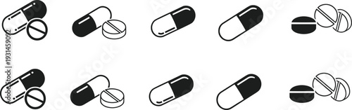 Black and White Medicine Pills and Capsules Icon Set Minimal Flat Vector Isolated on Light Background