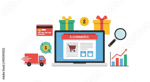 E-commerce Online Shopping & Business Strategy Flat Illustration with Payment, Delivery, and Growth Analytics