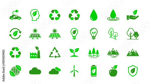 Environmental sustainability icons including recycling, renewable energy, water, and eco symbols. Flat vector EPS.