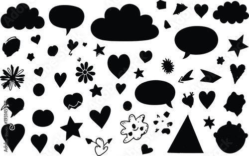 Black Silhouette Doodle Elements Set with Hearts Stars Clouds Speech Bubbles and Abstract Shapes Vector Collection