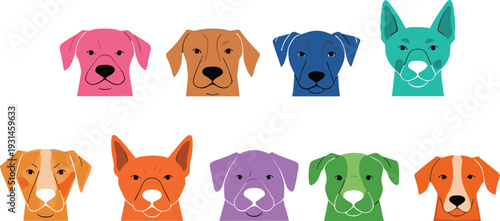 Colorful dog breed faces collection vector illustration with cute cartoon puppy portraits isolated on light background