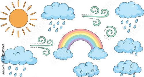 Bright yellow sun with blue clouds and rain drops and a colorful rainbow in the sky