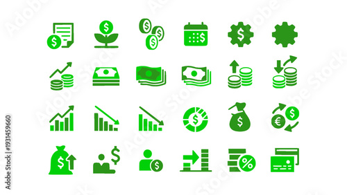 Finance and investment icons including money, growth charts, banking, and savings symbols. Flat green vector EPS.