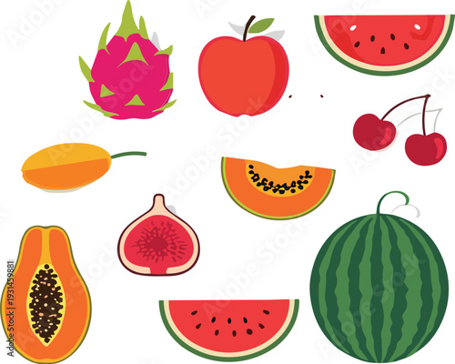 Colorful Fresh Fruit Collection with Watermelon Papaya Fig Cherry Apple Dragon Fruit and Mango Vector Illustration