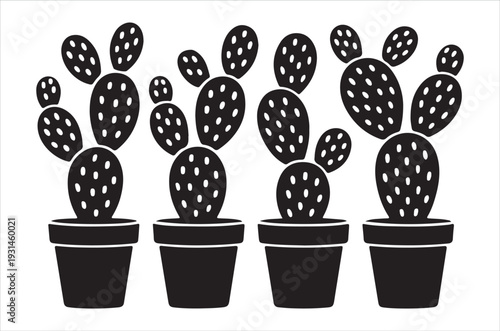 Black and white illustration of four potted prickly pear cacti