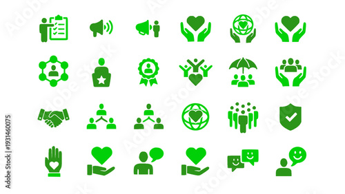 Social care and community support icons with charity, teamwork, and helping hands symbols. Flat green vector EPS.