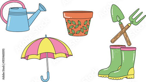 Colorful gardening tools and accessories including a watering can, flower pot, umbrella, rake, fork, and rain boots