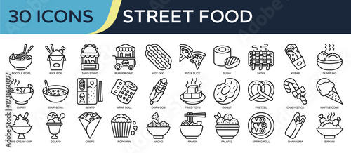 Collection of Street Food icons, related to Noodle Bowl, Rice Box, Taco Stand, Sushi, Soup Bowl and more. Outline icons vector illustation.