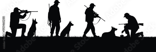 Military soldiers silhouette, working dogs, army illustration, tactical operation, rifle gear, combat training, teamwork, defense, protection, war zone, security patrol