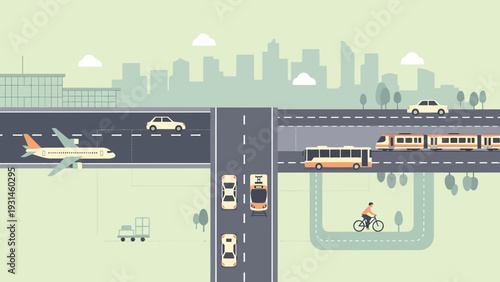 City Transportation Network Planes Trains Automobiles and Bicycles.