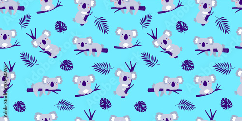 Seamless koala pattern with charming cartoon koalas scattered across a vibrant blue background
