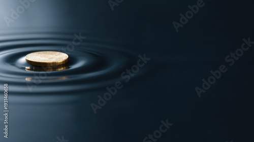 A single gold coin standing on its edge on a perfectly still water surface, ripples expanding, wealth impact concept