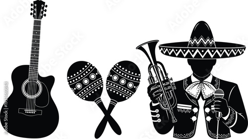 Black and white of a mariachi musician with guitar, maracas, and trumpet