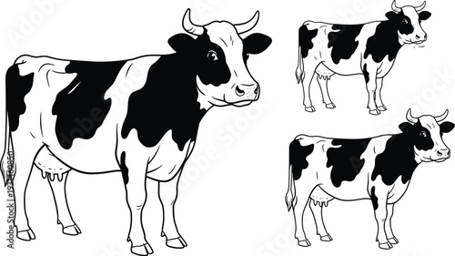 Black and white dairy cow vector illustration set with Holstein Friesian cattle drawings in various sizes isolated on white background for farm themed graphic design
