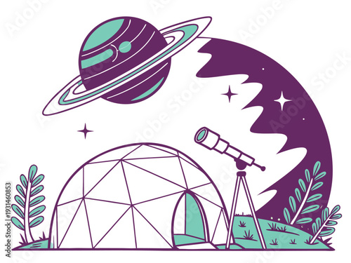 Dome tent observatory with telescope and Saturn planet in cosmic background