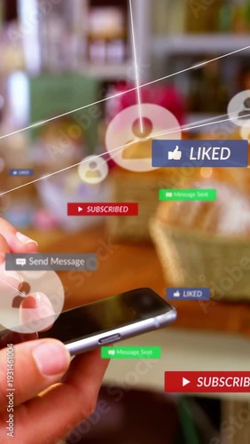Vertical video: Hand entering frame, phone tapping, swiping, floating likes popping to share pastry
