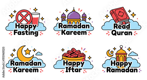 Ramadan Kareem happy fasting and iftar stickers religious symbols mosque book dates