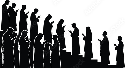 Black Silhouette Illustration of Diverse People in Robes Praying and Meditating on Steps Representing Spiritual Growth, Faith, Religious Devotion, and a Journey Towards Enlightenment