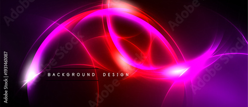 Abstract neon lights create dynamic curves, vibrant colors. Dark background emphasizes glowing energy, modern design elements.