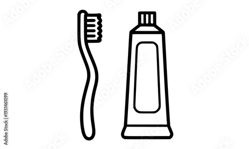 Toothbrush and toothpaste tube outline icon illustration, depicting daily dental hygiene, oral care, and teeth cleaning concept for healthcare, medical, and bathroom product designs