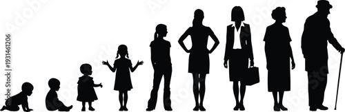 Black Silhouette Vector Illustration Showing Human Aging Process From Infant Baby and Childhood To Adult Professional Woman Senior Grandmother and Elderly Man With Walking Stick