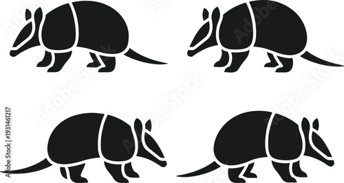 Set of four armadillo silhouettes in flat vector style, isolated black animal icons with clean lines for wildlife design projects