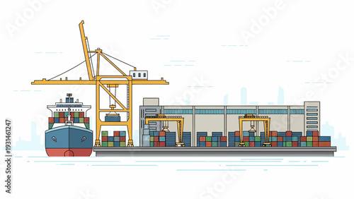 Container Ship at Port Terminal with Crane and Storage Facility.