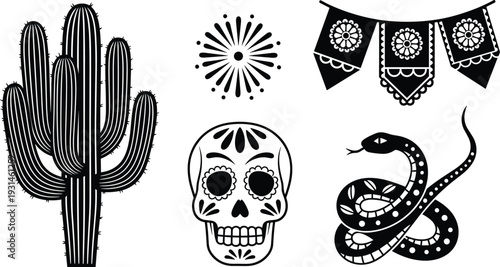 Black and white of cactus, sunburst, decorative banner, skull, and snake