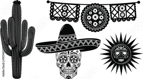 Black and white of cactus, sombrero, skull, sun, and decorative