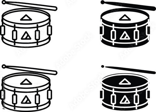 Snare drum silhouettes set in flat vector style, black percussion instrument icons with drumsticks isolated for music, band, and logo design