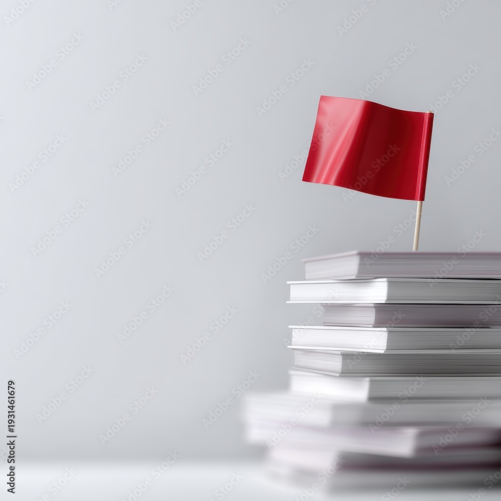 Obraz premium A single red flag on top of a mountain of books, minimalist white background, success through learning and strategy