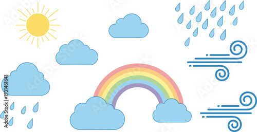 Colorful rainbow with sun clouds rain and wind on white background