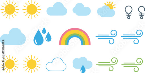 Colorful weather including sun, clouds, rain, rainbow, and wind symbols yellow blue