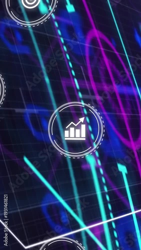 Vertical video: UI icons moving on grid fill, search rotating, target and bars moving for data flow