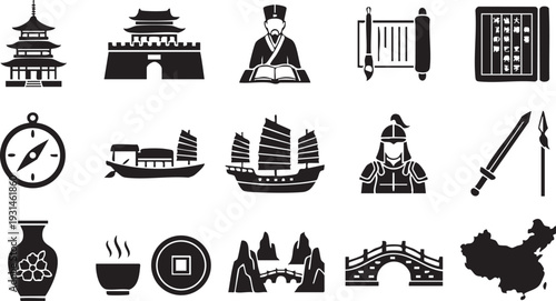 Ancient chinese culture and history icons set with temples pagodas boats and warrior silhouette
