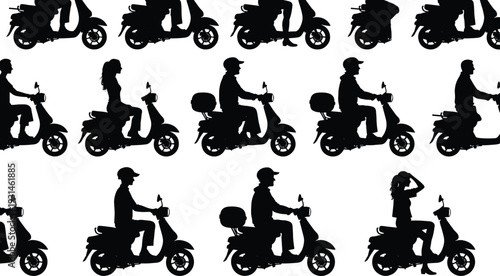 Set of black silhouettes of people riding motor scooters and mopeds in different poses and styles isolated on white background for delivery or lifestyle design