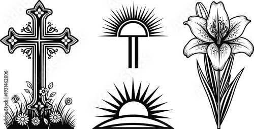 Four black and white of a cross, sunrise, and flower religious symbol horizon