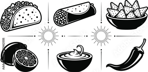 Black and white of tacos burritos chips lime sour cream and chili pepper