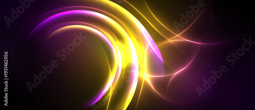 Bright, flowing lines create abstract energy. Yellow, purple hues dominate dark background. Dynamic curves suggest movement, light.