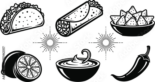 Black and white of tacos burritos nachos sour cream lime and chili pepper