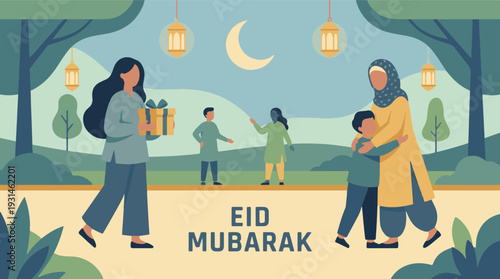 Eid Mubarak celebration with diverse families and gifts illustration