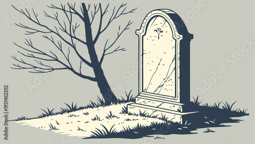 Old weathered tombstone and bare tree in a desolate graveyard.