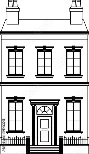 Victorian outline old English house building. Georgian mansion manor style homes. Vintage British architecture facade illustration.
