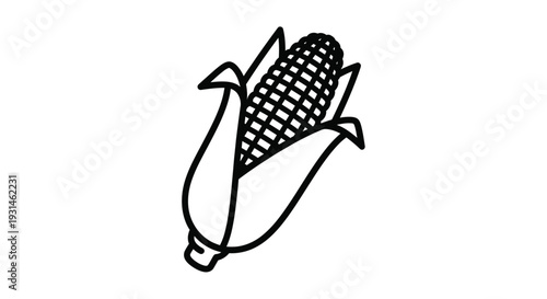 Tableau sur toile Simple black and white line drawing of a corn cob with husk leaves