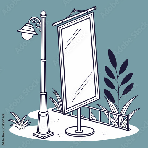 Outdoor Street Lamp and Blank Vertical Signboard Illustration.